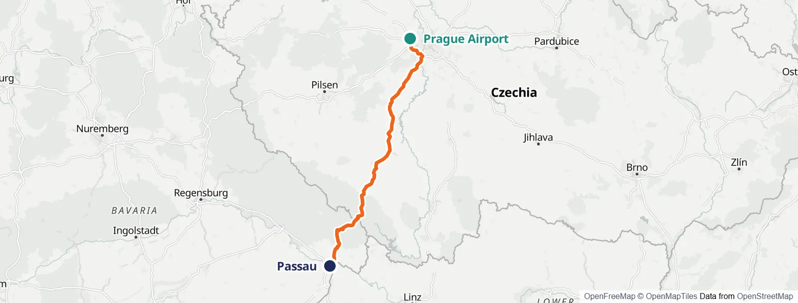 מפת המסלול: Prague Airport – Passau