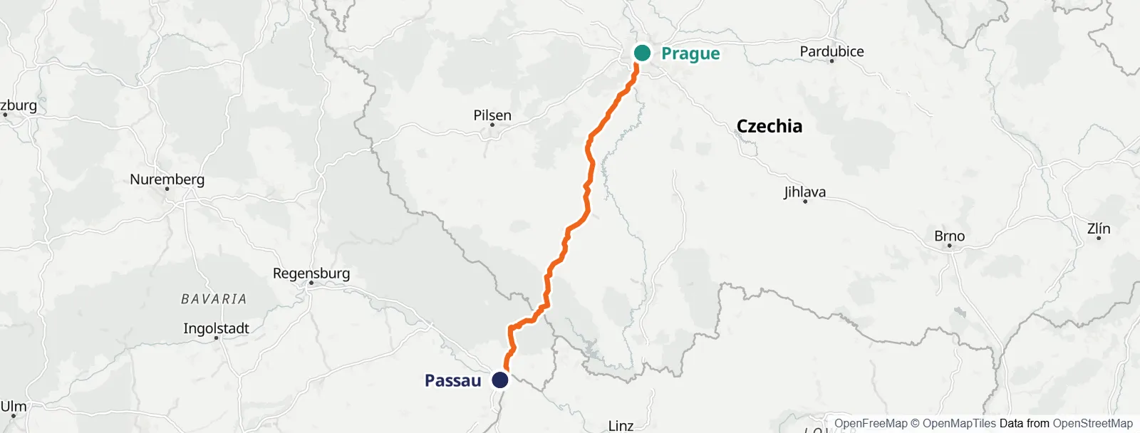 מפת המסלול: Prague – Passau