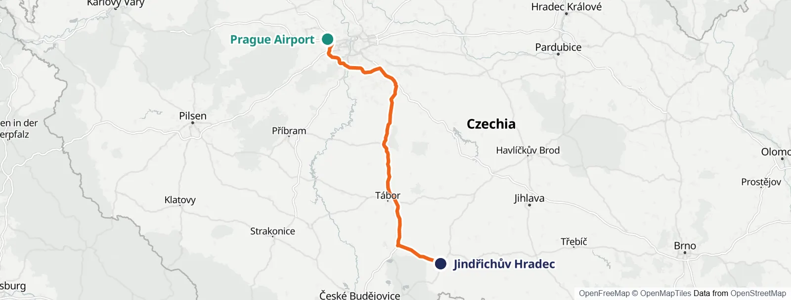 מפת המסלול: Prague Airport – Jindřichův Hradec