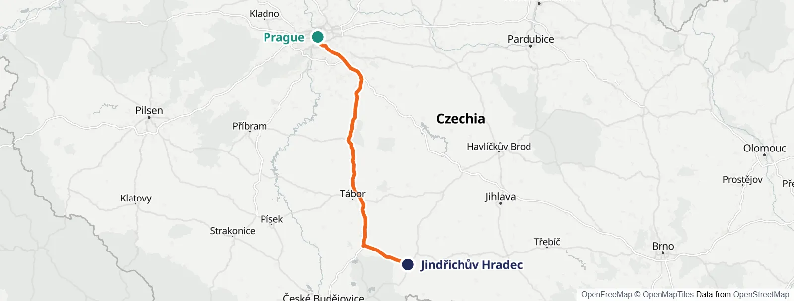 מפת המסלול: Prague – Jindřichův Hradec
