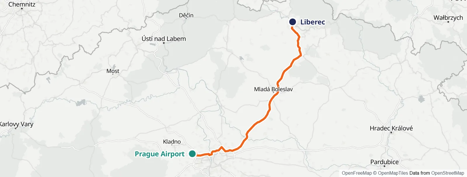מפת המסלול: Prague Airport – Liberec