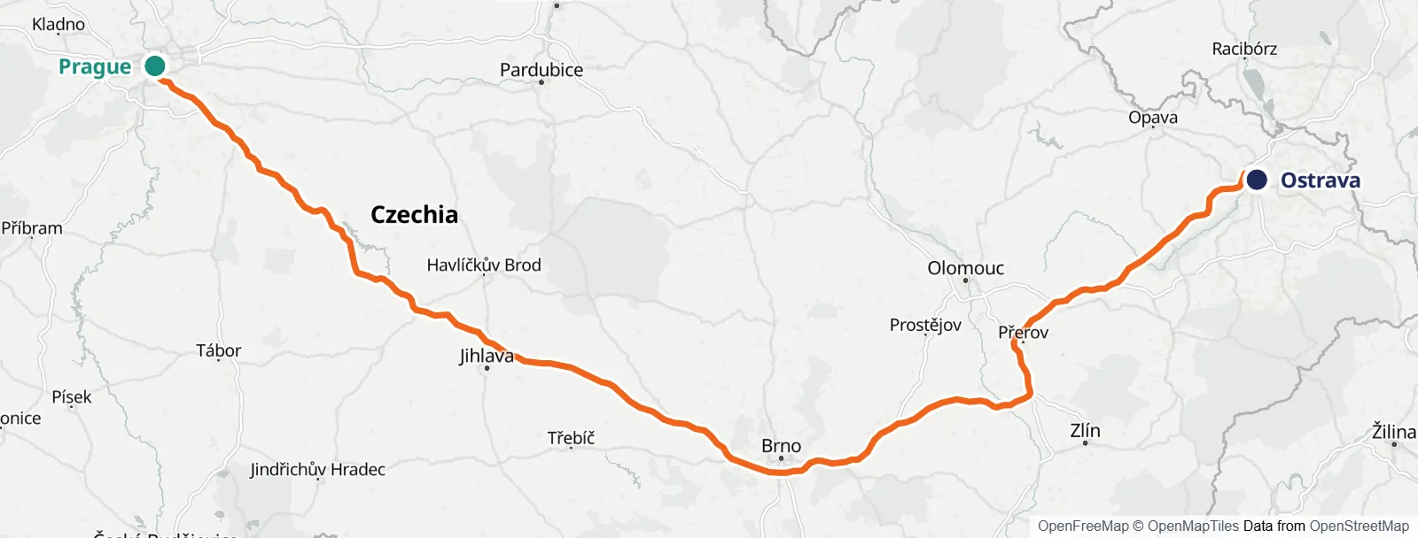 מפת המסלול: Prague – Ostrava